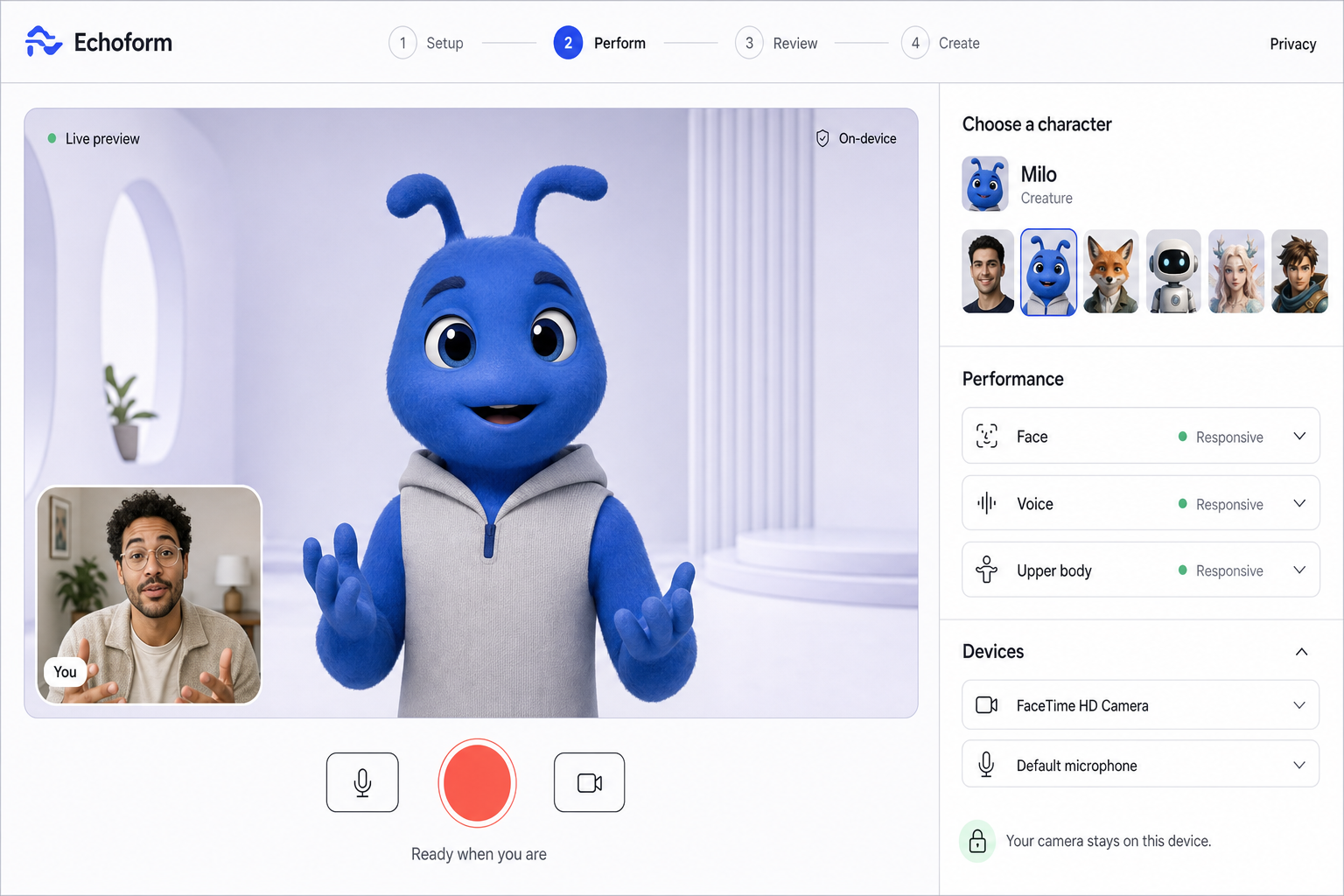 Echoform avatar performance studio with a blue character and live recording controls